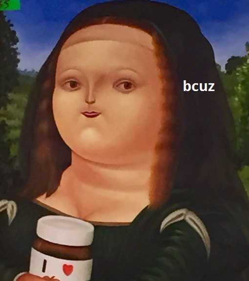 This meme is an image of the Mona Lisa with a distorted, chubby face and a slightly mischievous expression. The text "bcuz" (a colloquial abbreviation for "because") appears above her left eye. The image is a playful parody of the famous painting, with a humorous twist that pokes fun at the idea of a famous work of art being reimagined in a more...unrefined way.